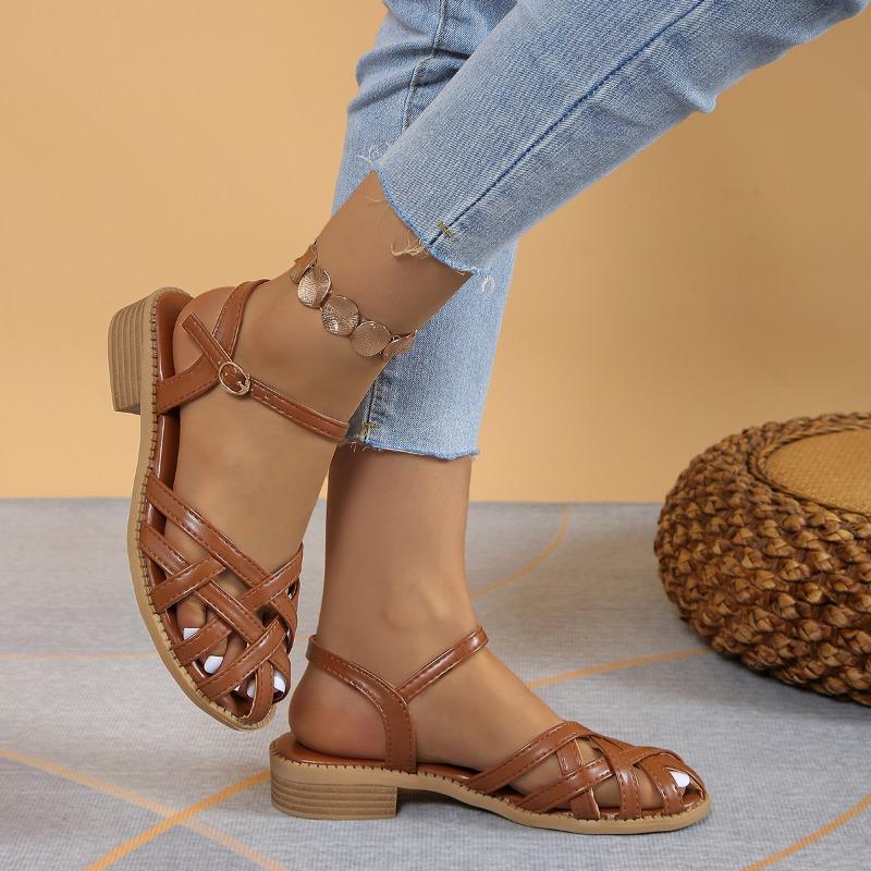 

Fashion Baotou Mid-heel Sandals New Summer Round Head Shallow Cross Thin with Soft Sole Anti-slip Wear-resistant Square Heel Shoes 35