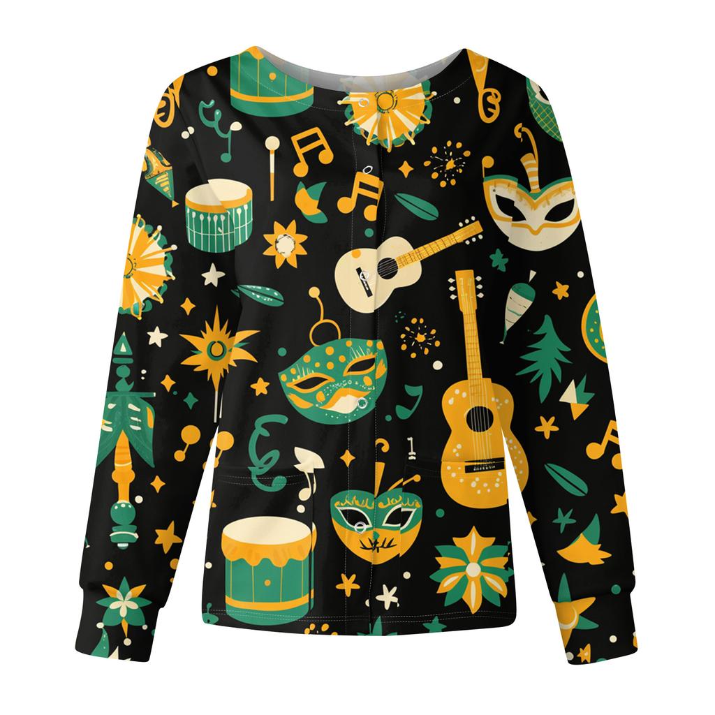 Women's Casual Fashion Long Sleeve Standing Collar Single Breasted Carnival Print Workwear Jacket Tops