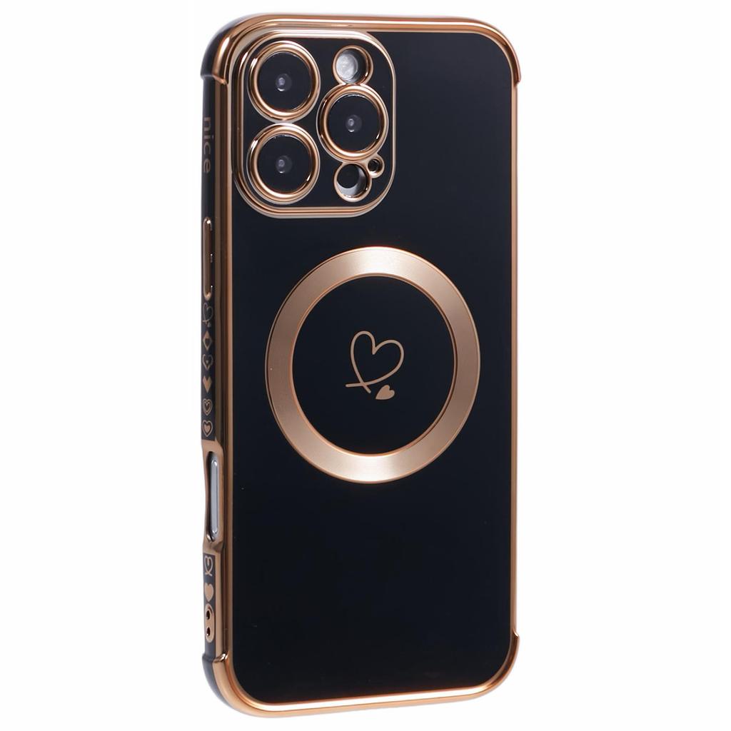 For iPhone 16 Pro Max Case Compatible with MagSafe Electroplated Love Hearts TPU Phone Cover with Chain Strap