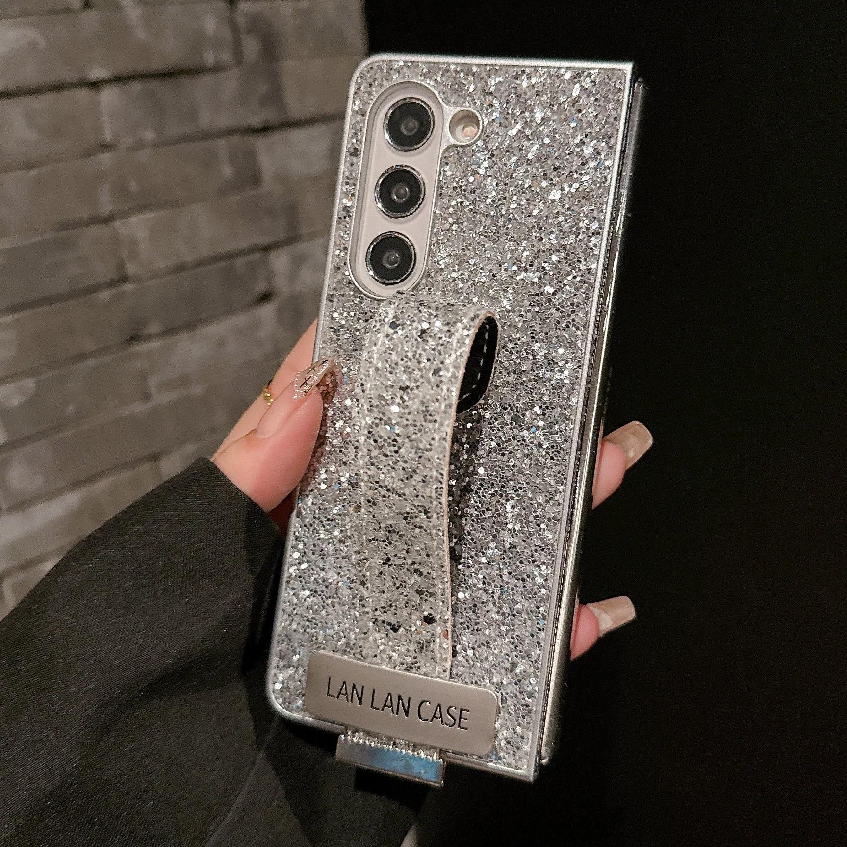 

Роскошный чехол-браслет для телефона Samsung Galaxy Z Fold 7 6 5 4 3, полностью блестящий чехол-подставка, блестящая противоударная защитная крышка Galaxy Z Fold5 чёрный