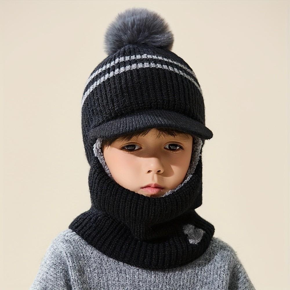 Pom Pom Detail Knitted Hat Scarf Set Ear Protection Design Integrated Balaclava Hat Outdoor Play