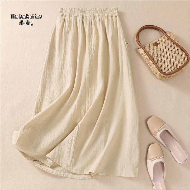 Embroidered Cotton Linen A-line Skirt - High Waist, Wide Hem, Casual Fit