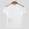 INCERUN Summer Men Short Sleeve Mesh Sheer Striped Ftiied Cropped T-shirts