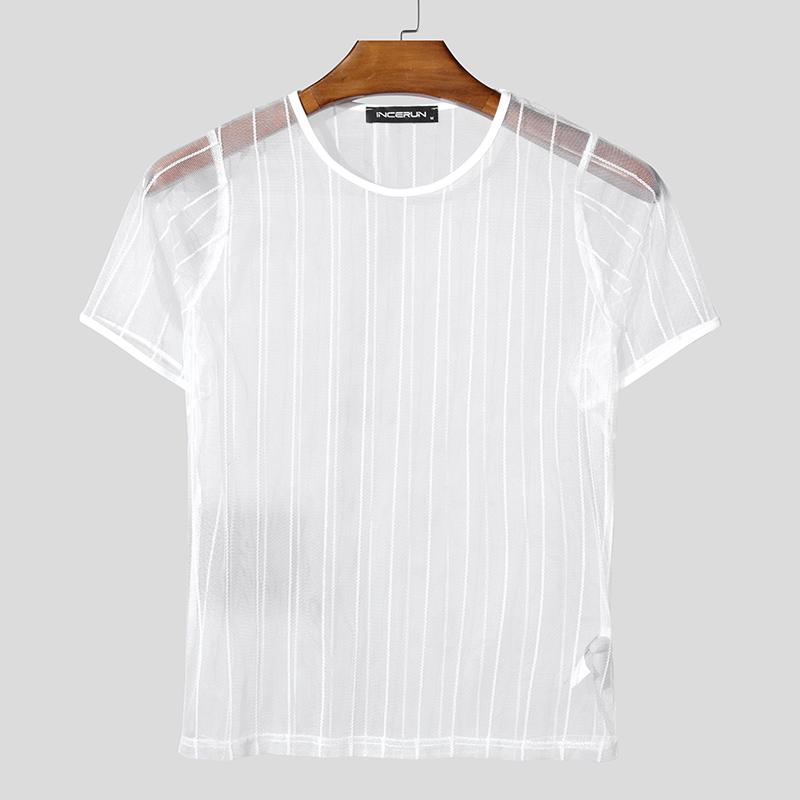 INCERUN Summer Men Short Sleeve Mesh Sheer Striped Ftiied Cropped T-shirts