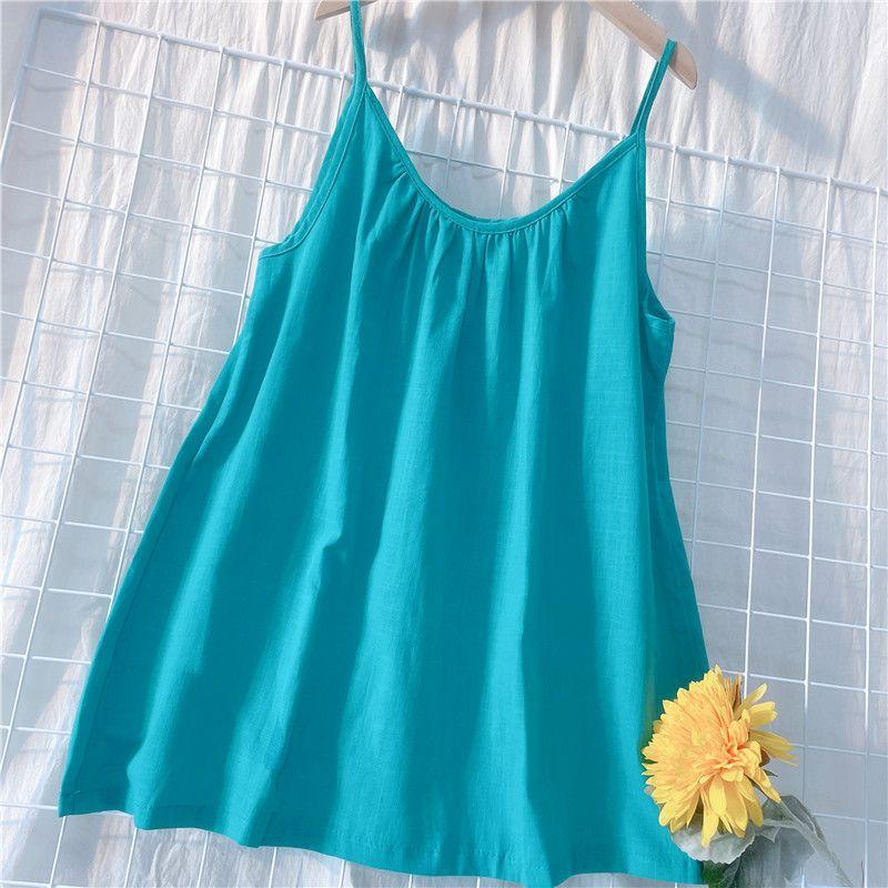 

Homemade 2025 Summer Sling Outer Wear Cotton and Linen All-Match Solid Casual Vest Top Women Loose Sleeveless Bottoming Shirt Peacock Blue M