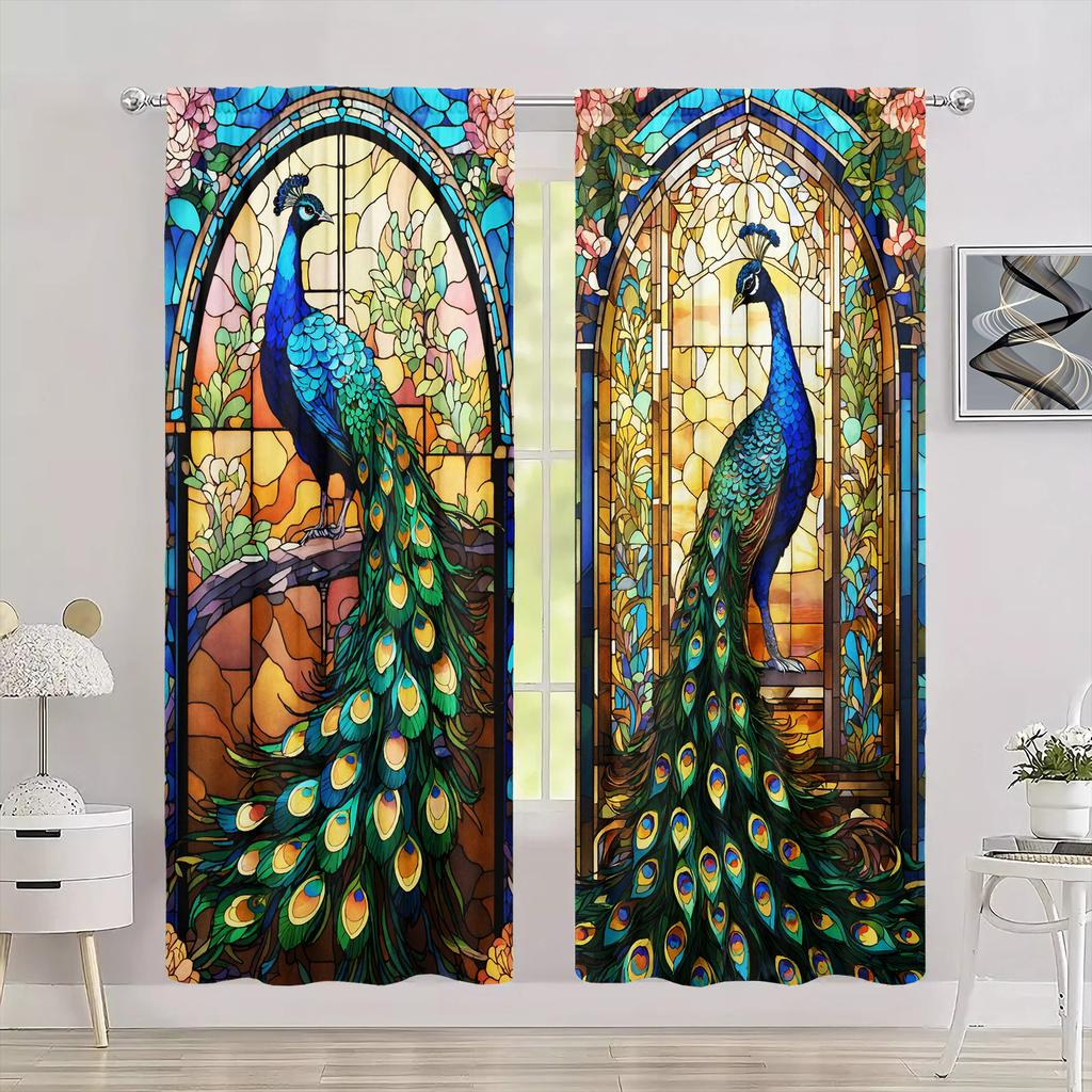 2pcs Peacock Printed Curtain for Home Decor - Rod Pocket Window Treatment for Bedroom   Office   Kitchen   Living Room   and Study