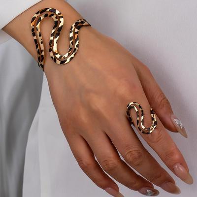 Boho-Chic Leopard Print Open Cuff & Ring Set , Perfect for Casual Attire or Vacation