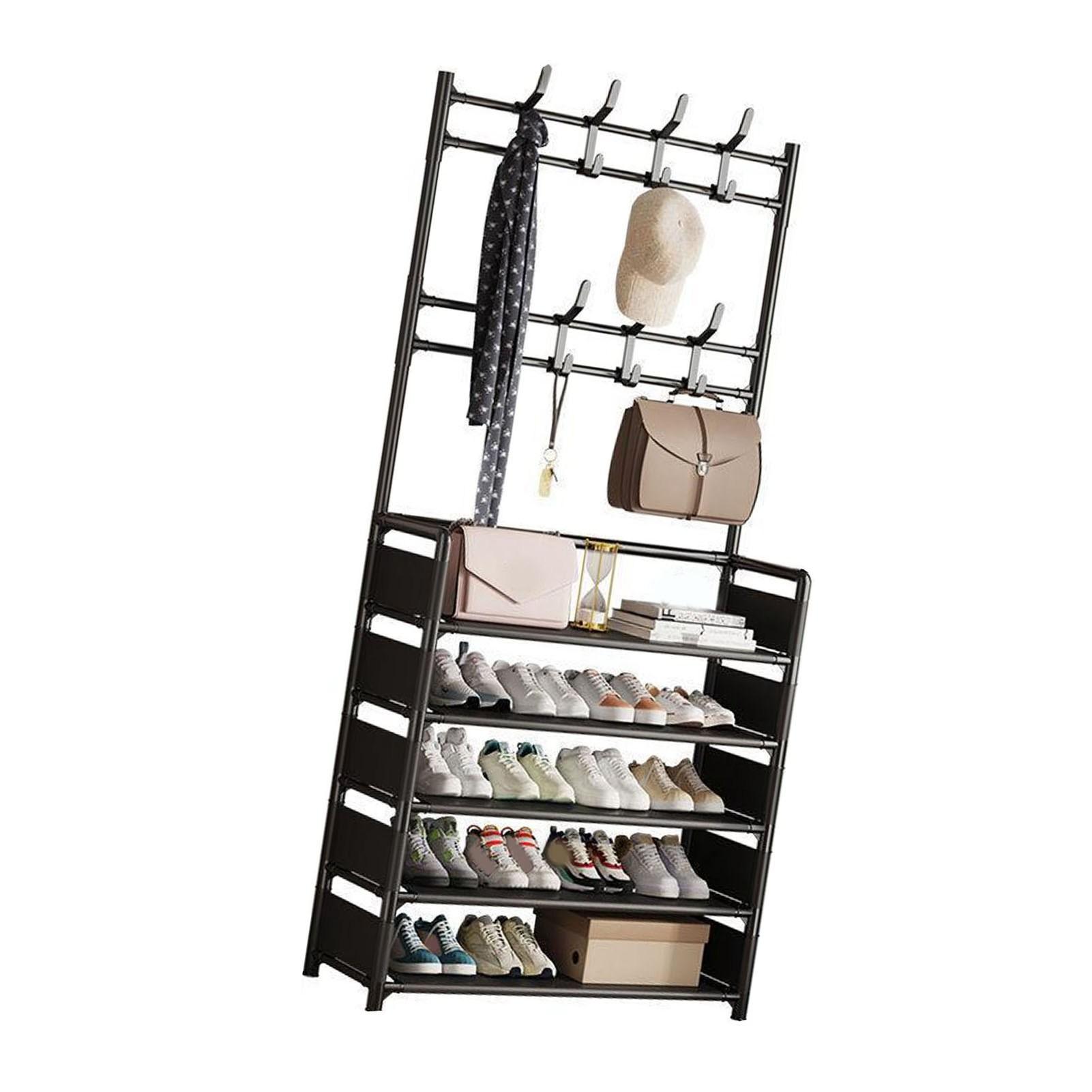 Shoe Rack 5 Tier Shoe Shelf Black Thickened Iron Easy Assembly with Hooks Shoe Stand for Living Room Bedroom Entryway 5300₽
