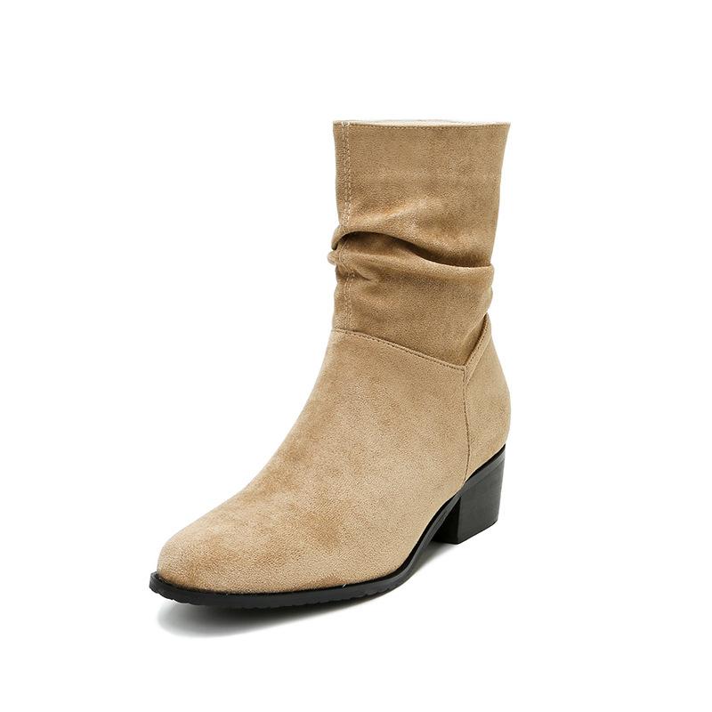 Inner heightening pleated boots women's new retro pointed western cowboy boots casual versatile sleeve knight short boots