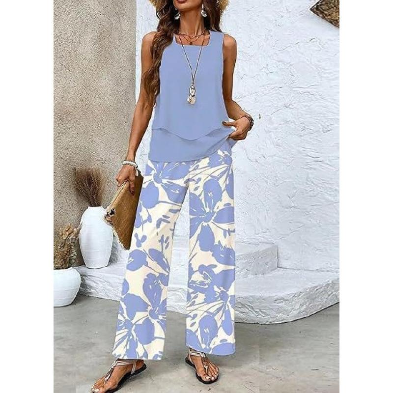 Women's Loose Fit Two Piece Outfit Sleeveless Tank Top High Waist Wide Leg Pants Set With 3D Abstract Print For Casual Summer Daily Wear