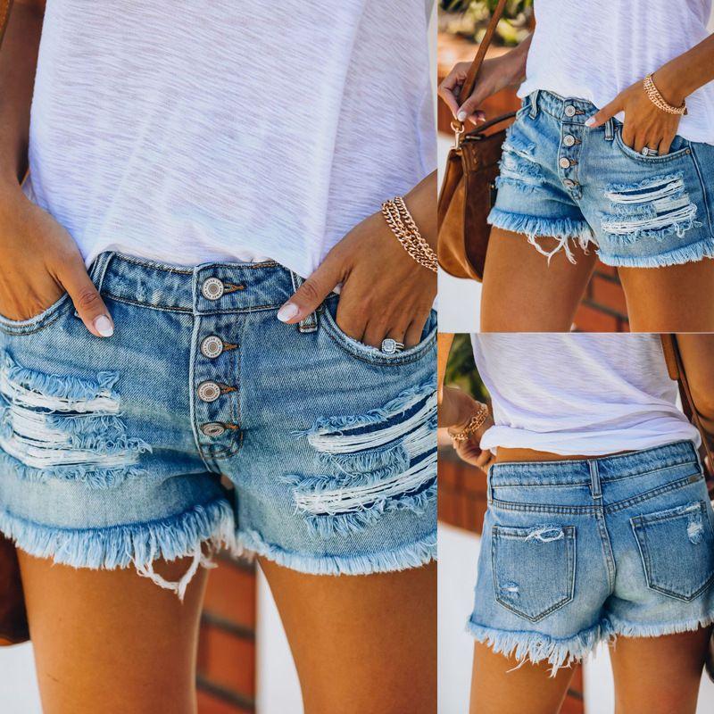 European and American Ripped Tassel Denim Straight Buckle Shorts Ripped Fringed Washed Denim Shorts