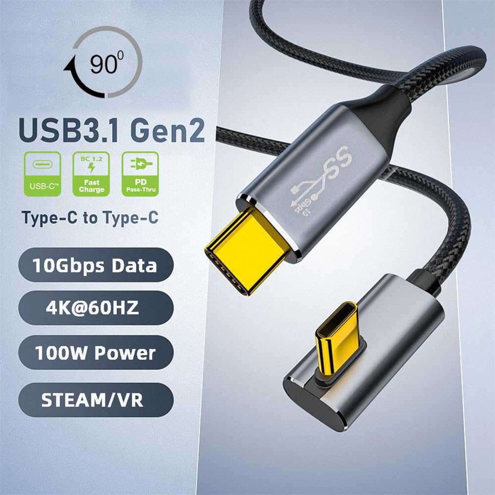 CABLECC 10Gbps 100W Data Reversible Male to Male USB Cable 90 Degree Angle Low Profile 200cm for Laptop Phone Type-C USB-C 3.1