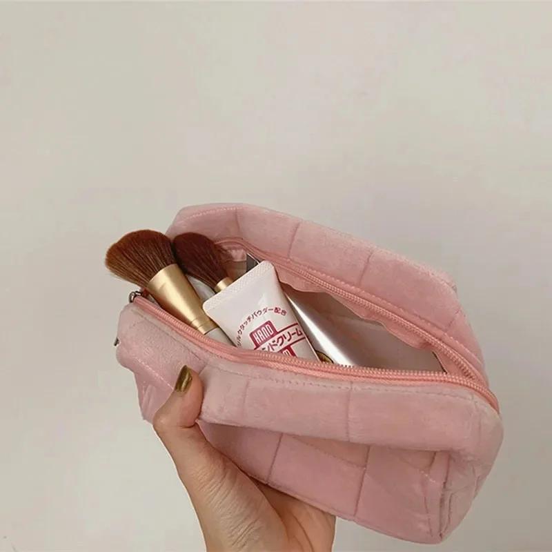 Large Solid Fur Cosmetic Storage Bag Women's Zipper Makeup Organizer Travel Toiletry Pencil Case Handbag Stationery