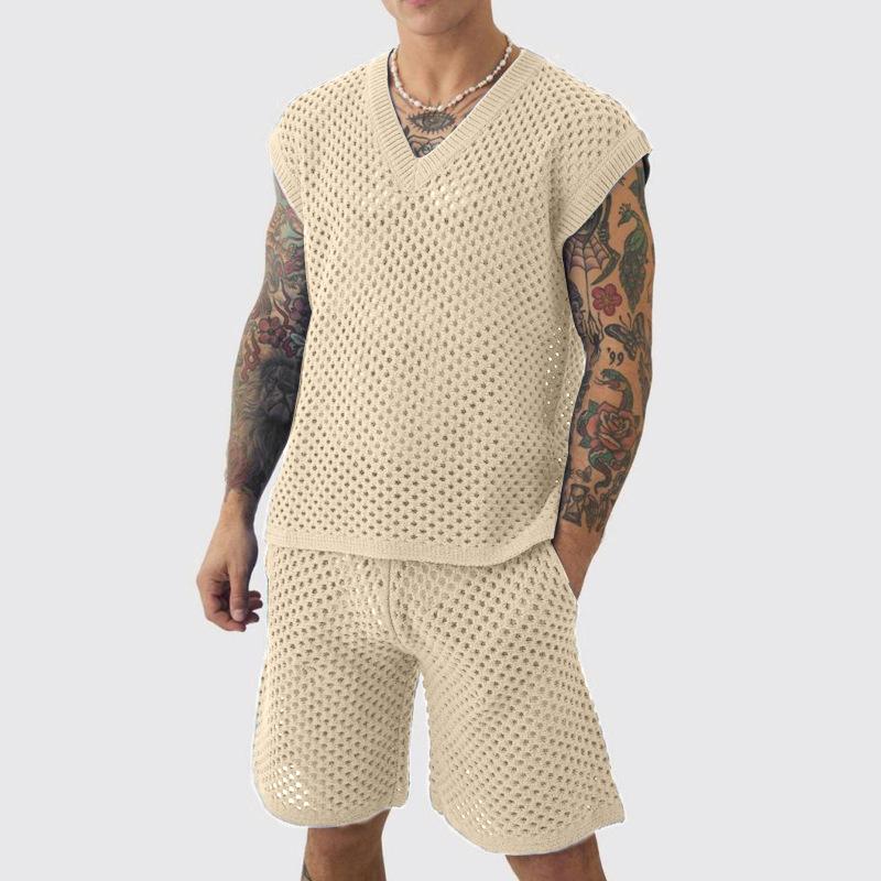 Mens Casual Crochet Mesh Two Piece Outfit Sleeveless Top And Shorts Set
