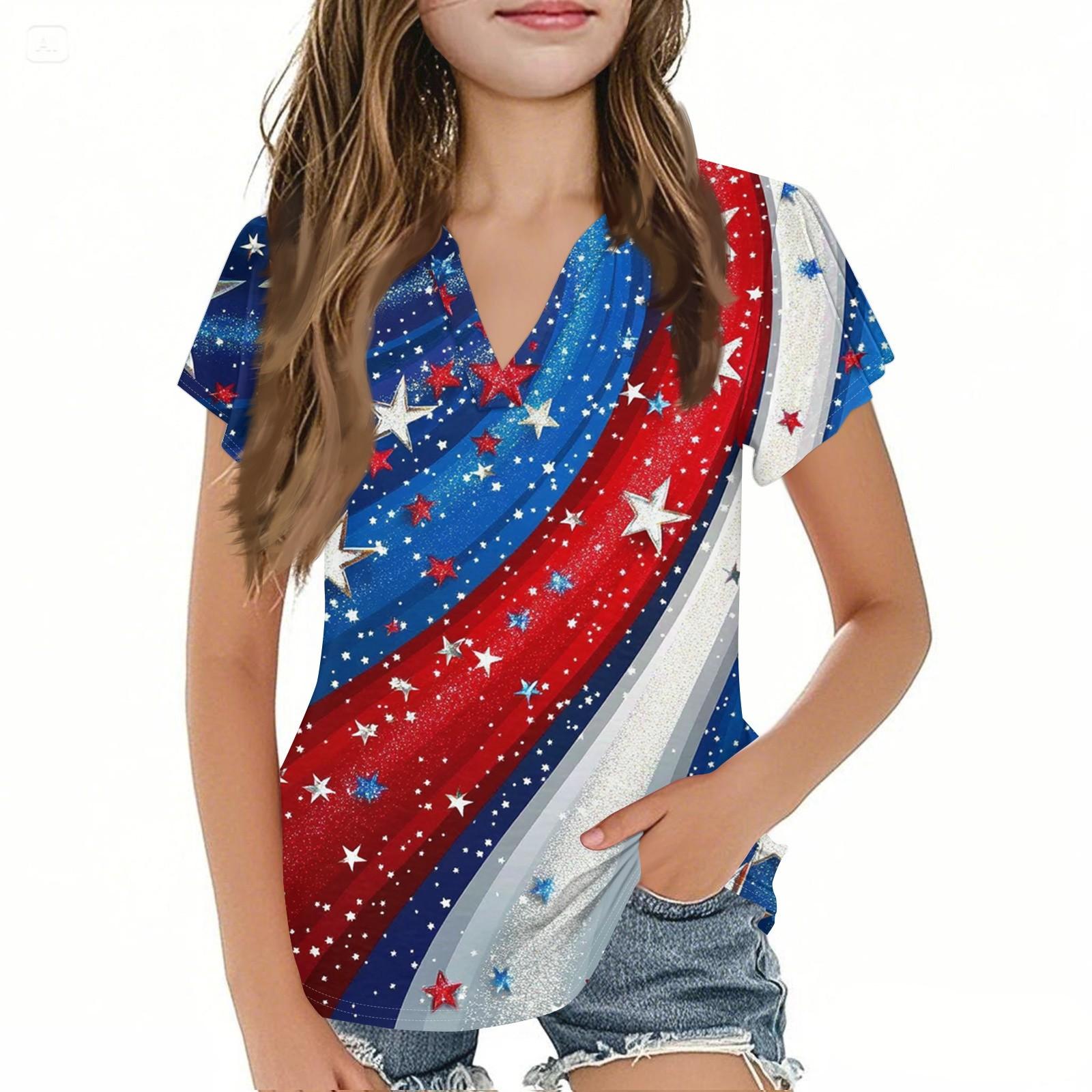 

Летняя детская повседневная мода с короткими рукавами и V-образным вырезом на День независимости для девочек 160 винный