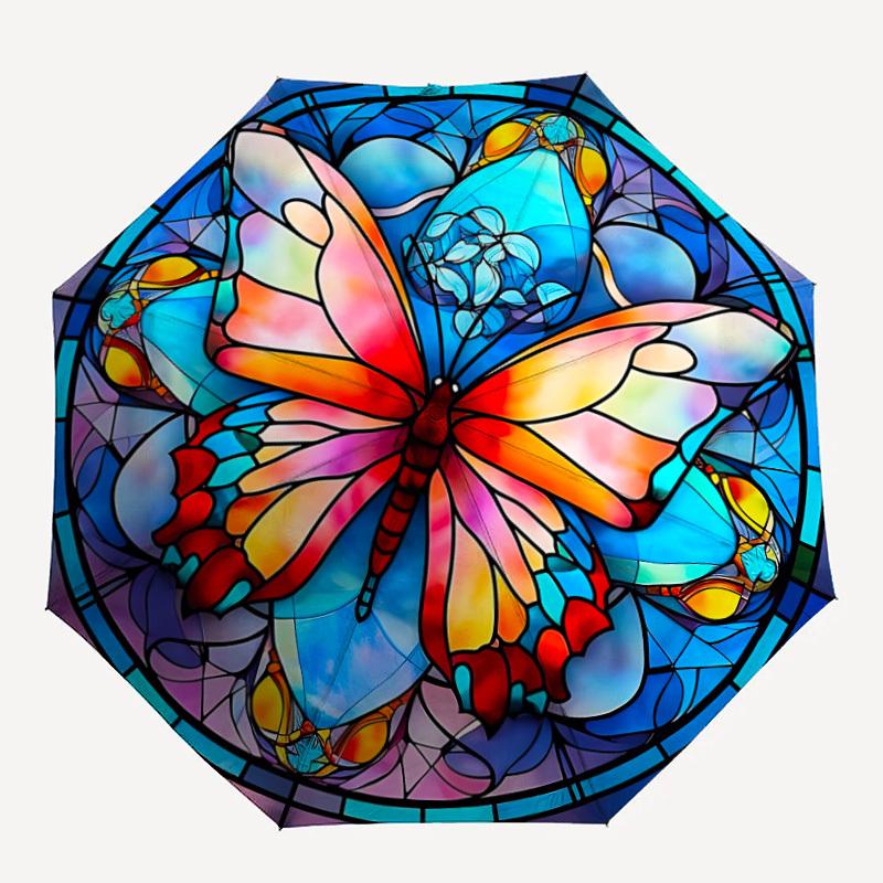 

1pc Butterfly Stained Glass Automatic Open/Close Umbrella with Windproof, 8-Rib Sturdy Canopy, Durable Ribs, Ideal for Gifts yy251117070
