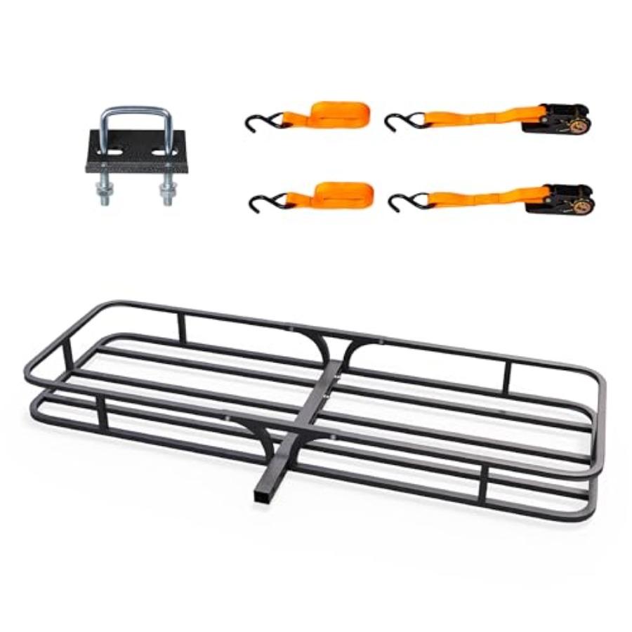 54''X 19''X5.5'' Hitch Mount Cargo Carrier Basket with Stabilizer and Straps 500 LBS Capacity Rear Luggage Rack Basket Fits Sed