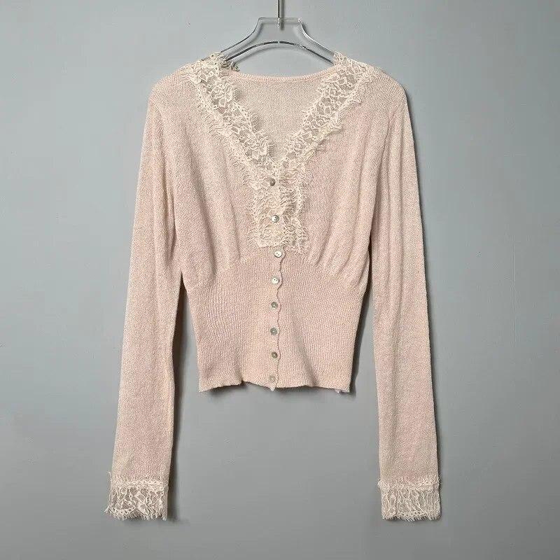 

Сплошной цвет, вязаные топы с длинными рукавами, женский шерстяной свитер, корейские сексуальные кружевные кардиганы с v-образным вырезом и пуговицами, осенняя облегающая одежда 29888 One Size абрикосовый