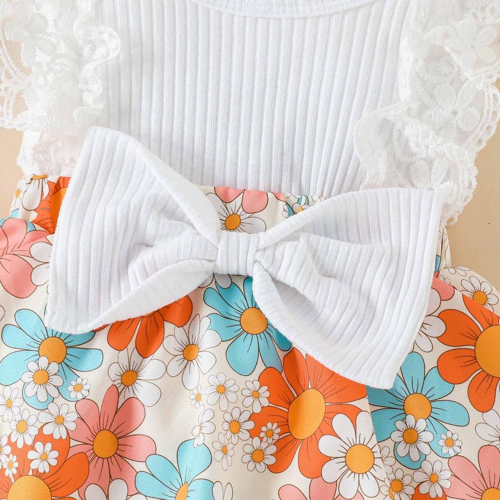 2-piece Summer Girls' Lace Dress Hairband Set Printed Jumpsuit, Baby Dress, Children's Set