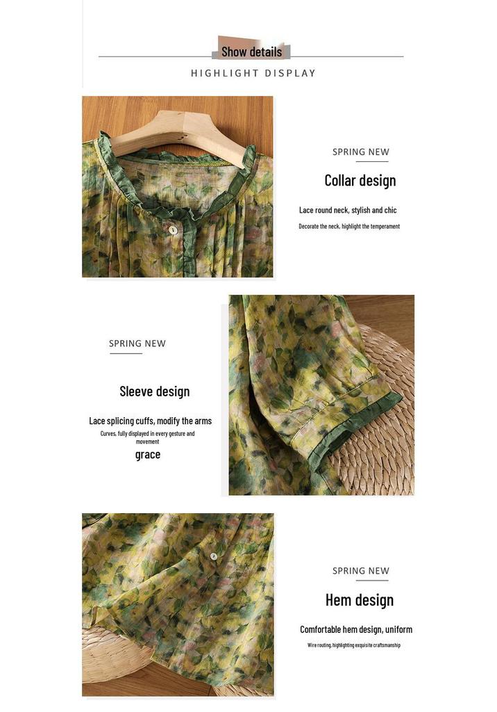 2026 Plus Size Women's Pure Ramie Summer Loose Green Top