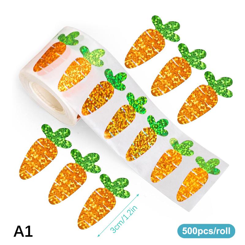 

500Pcs/Roll Easter Bunny Carrot Stickers Holographic Waterproof Stickers For Easter Egg Hunt, Party Decorations, Scrapbooking A1