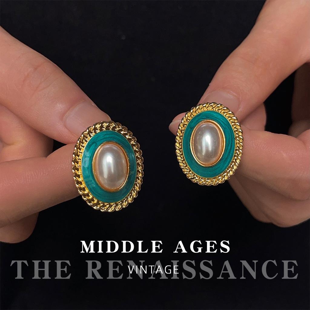 Средневековые эмалевые серьги-пусеты с жемчугом в придворном стиле, ретро-зеленые серьги для женщин