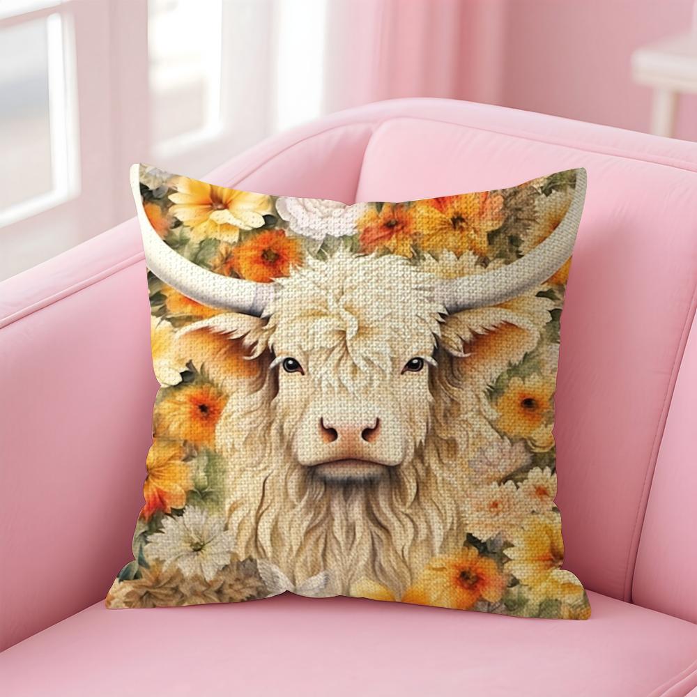 Highland Cow Pattern Cushion Cover Natural Linen Pillow Case DoubleSided Print Decorative Sofa Pillowcase Home Decor Gift