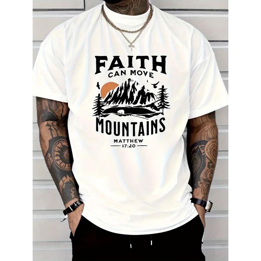 Men T Shirt Cotton Faith Can Move Mountains Monogram Printed T Shirt Seasonal Casual Trendy Crew Neck High Street Cotton