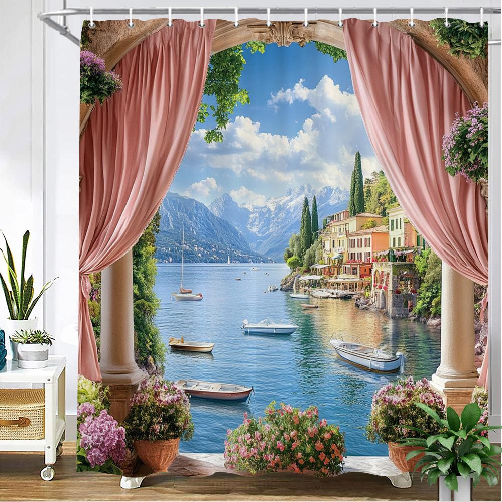Garden Flowers Beach and seaside scenery style printed fabric shower curtain bathroom curtain,home decoration curtain with hooks