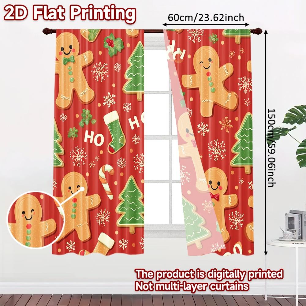 Set Of 2 Flat Printing Curtains Without Rod Gingerbread Trees Men Holiday Ramadan Printed Prints Light Curtain Polyester