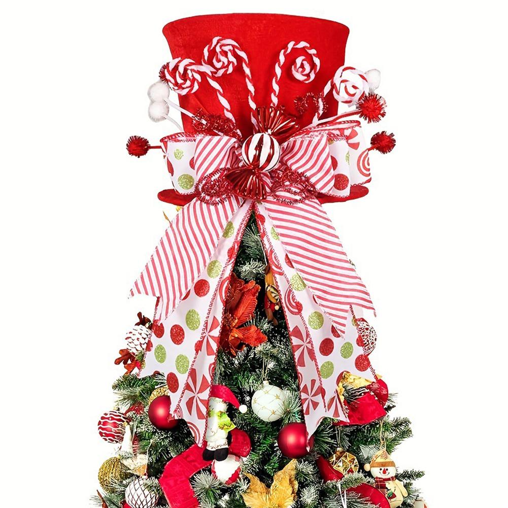 Reusable Foldable Christmas Tree Topper Hat with Festive Bow and Candy Design