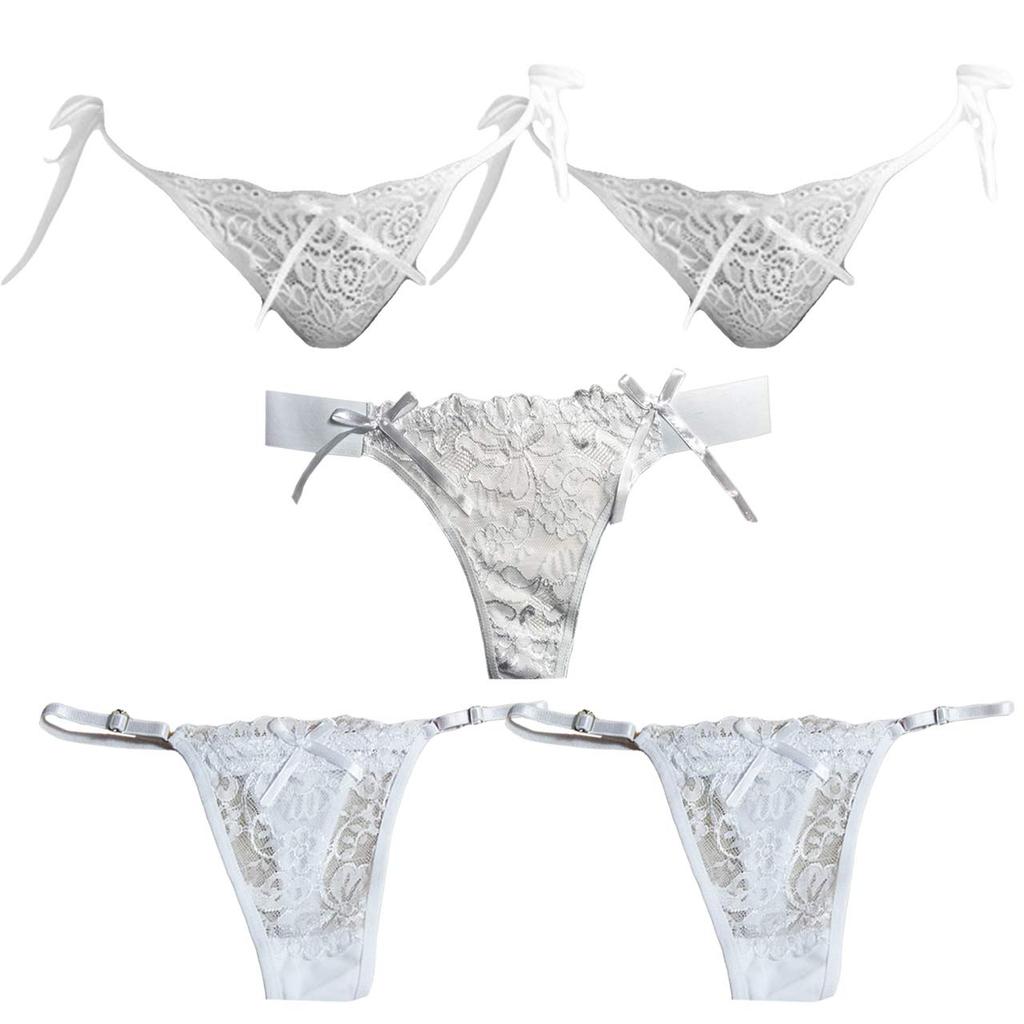 CHROME CRANE Lace Sexy ZX5S01 Women's T-Back 5-Piece Set, Underwear, Lingerie, (White, 5-Piece Set)