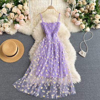 Nueva Moda Dulce Barato Tirantes Espagueti Vestidos Mujeres Malla Estampado Crisantemo Midi Para Niñas