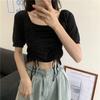 Summer Korean Version Slim Fit Drawstring Square Neck Pullover Short Sleeved Knitted Sweater for Women Thin Style Outerwear Short Top