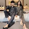 Couple's Pajama Set Men's Spring Summer Autumn Ice Silk Plaid Long Sleeve Casual Plus Size Loungewear