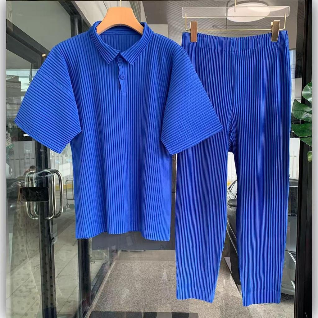 Miyake Men's Loose Fit Pleated Polo Shirt - Summer Breathable Short Sleeve with Turn-Down Collar, Solid Color (JM030)