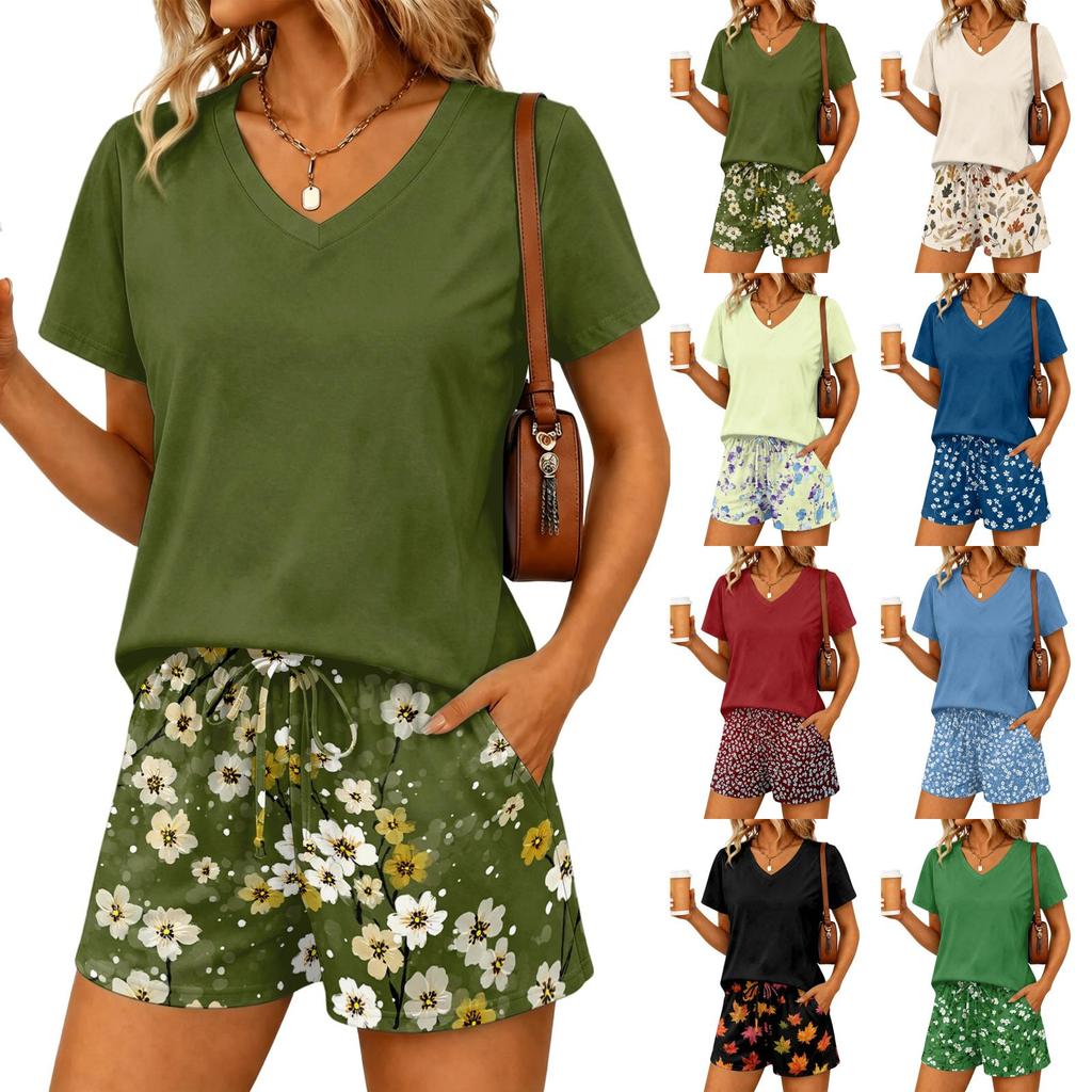 Women Two Piece Set V Neck Short Sleeve Top and Floral Print Drawstring Waist Shorts Casual Lounge Wear