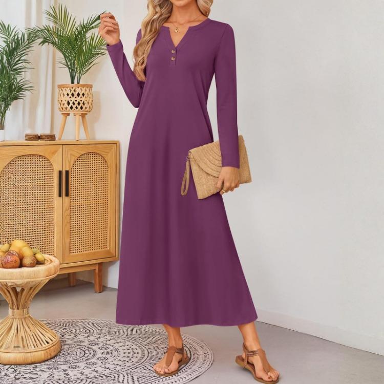 Loose Elegant Women Long Sleeved Comfortable Solid Color Dress