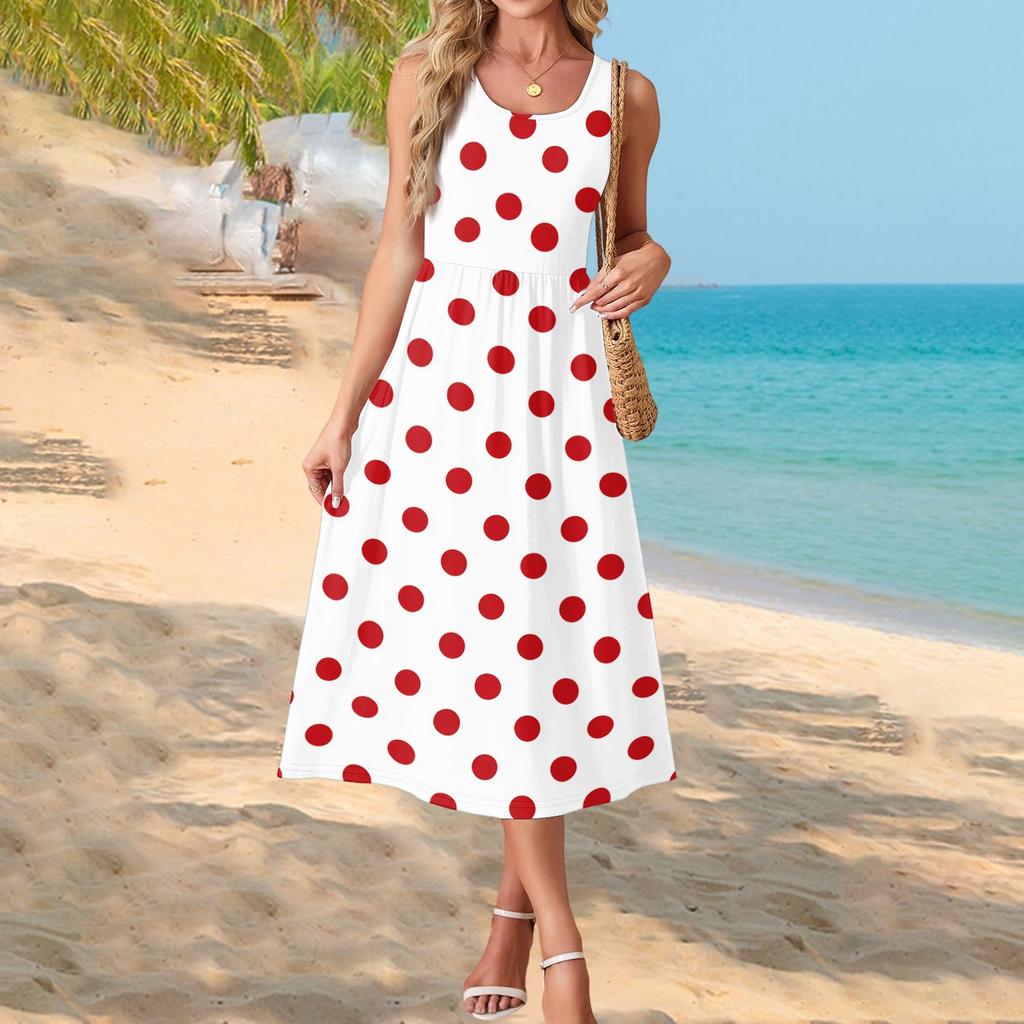 Women's Polka Dot Summer Dress, Casual Flowy Beach Sundress with Pockets, Lightweight Vacation Outfit