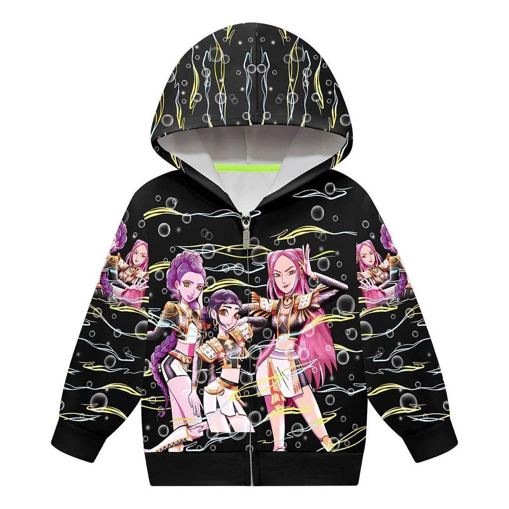 Kids Girls POP Singer Rumi Zoey Mira Printed Casual Hooded Zipper Long Sleeves Jacket Coat