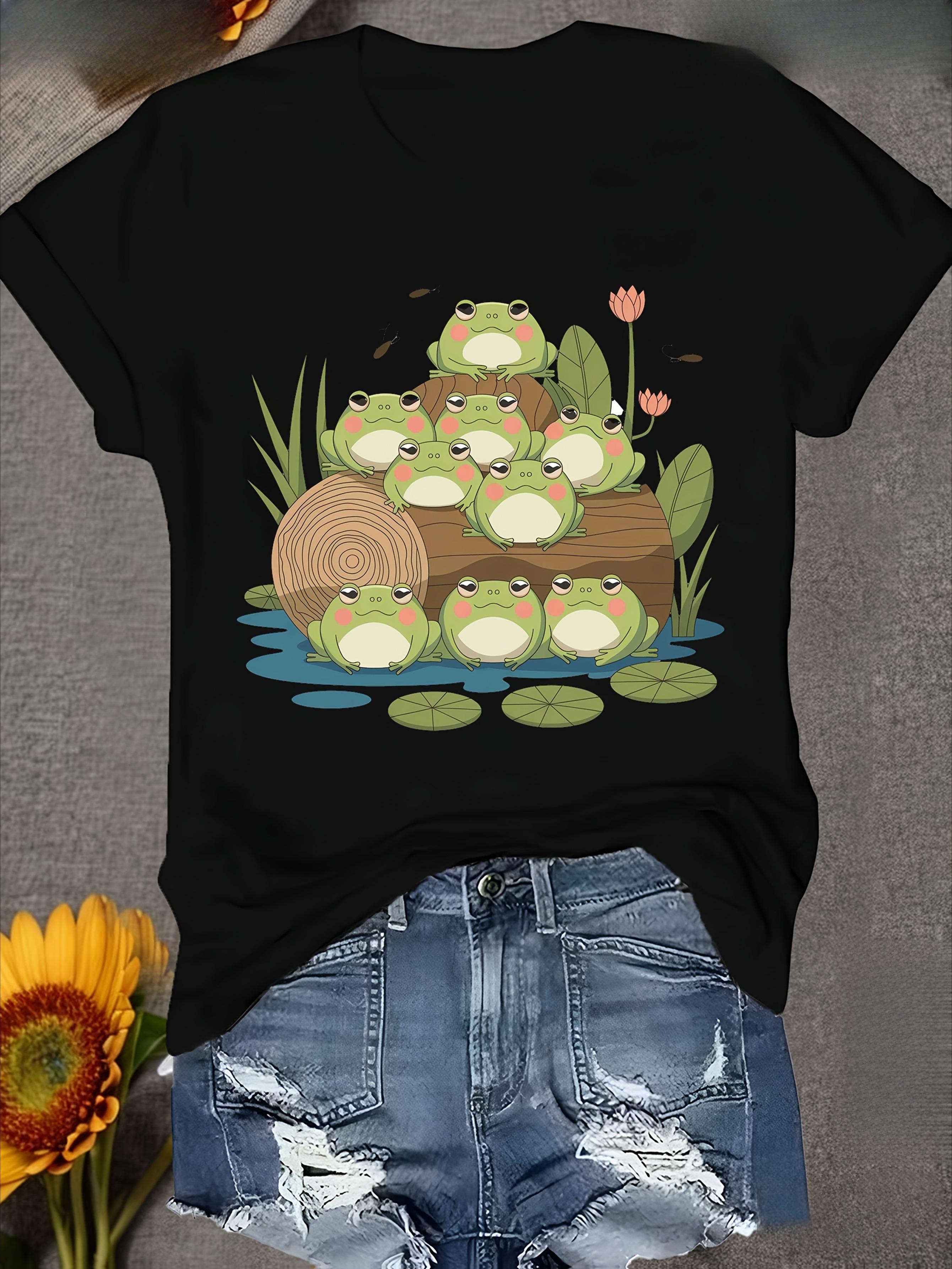 

Chubby Cartoon Frogs Cartoon Printed Womens Short Sleeve Crew Neck TShirt Comfortable Soft Women Casual Streetwear S