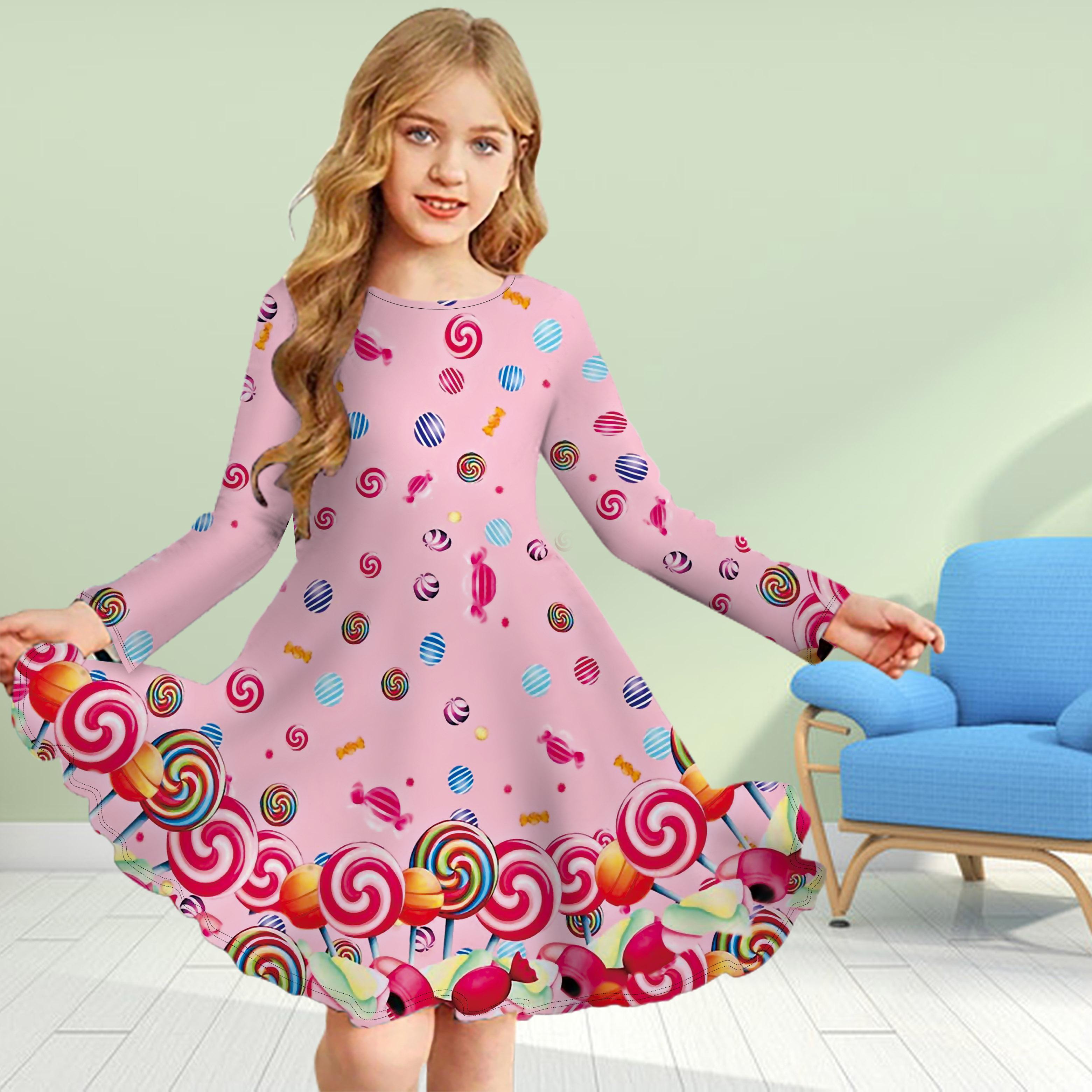 

Повседневное платье для девочек с 3D-принтом, розовым леденцом, круглым вырезом и длинными рукавами, детское платье принцессы 140 розовый