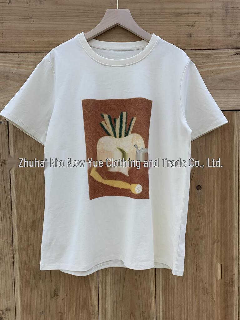 Women's 2026 Spring Cotton Terry Cloth Printed Short Sleeve T-shirt - A Touch of Blue
