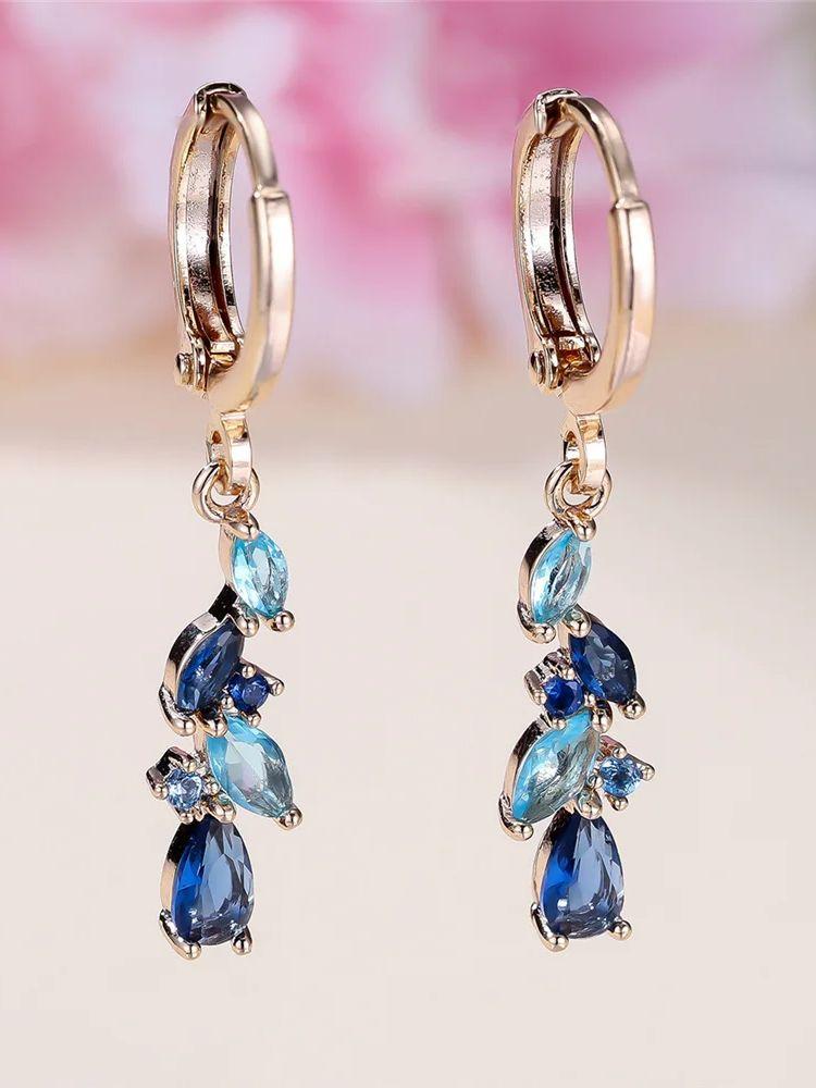 Шарм Женские Синий Кристалл Циркон Камень Пшеничный Обруч Серьги Золотой Цвет Простой Свадебный Для Женщин