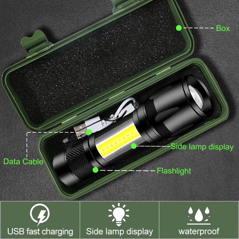 Outdoor Mini Portable T6 Flashlight USB Charging Small Flashlight Outdoor LED Camping Light Work Light with COB Side Lights