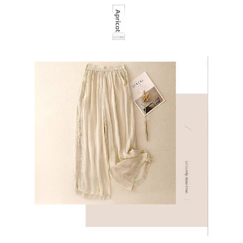Vintage Embroidered Women's Wide-Leg Pants for Mothers, Summer Thin Elastic Waist Loose Casual Fashion Nine-Point Pants