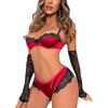 Women Lace Lingerie Set Adjustable 1 2 Cup Bra and Lace Panties with Half Sleeve Gloves for Valentine S Day Wine Red