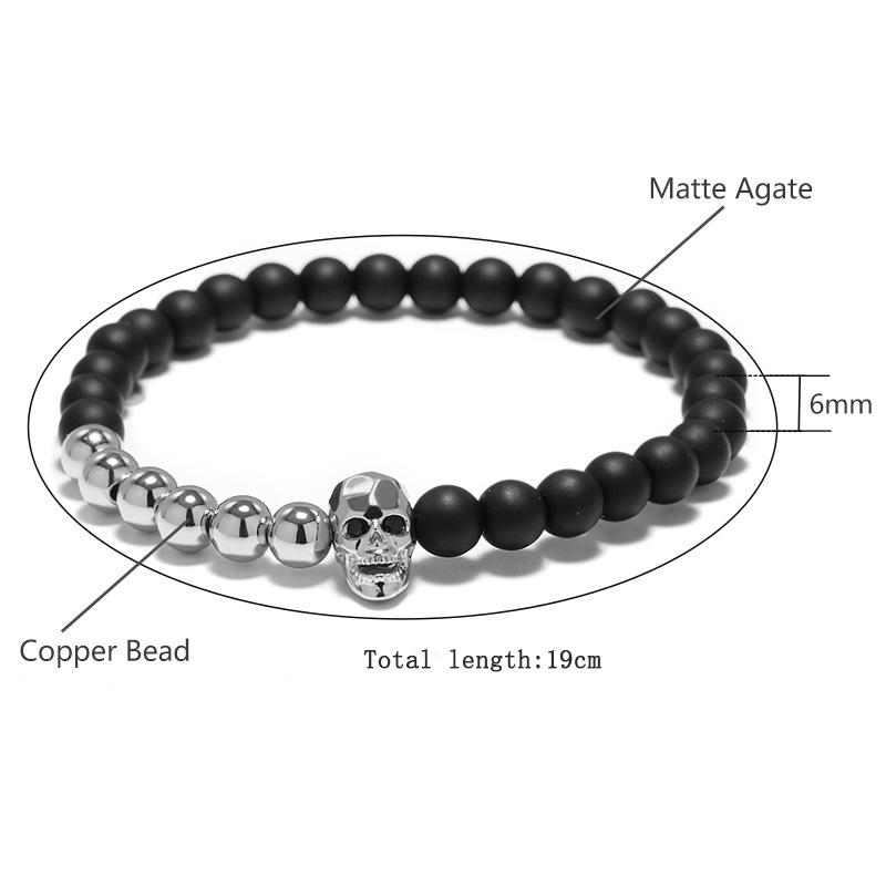 New Fashion Mens Bracelet Natural Stone Gothic Skull Braslet 6mm Onyx Strand Braclet Gifts For Him Zirconia Brazalete Pulseria