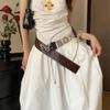 Vintage Western Style Leather Belt With Flower Beads For Women Casual Dresses