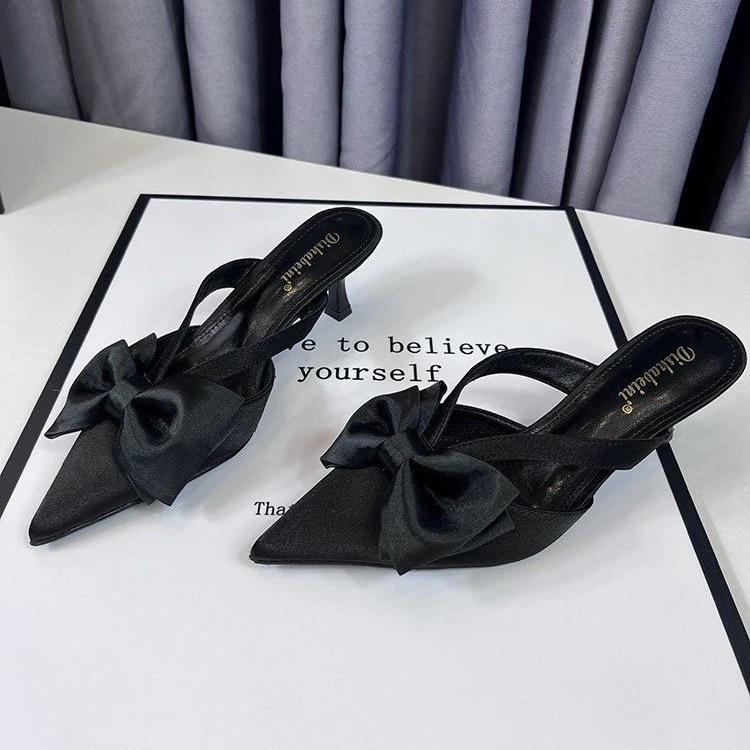 Bow Bag Head Half Slippers Women's 2025 Summer New Satin-faced Stiletto Slippers Pointed Stiletto Empty Slippers